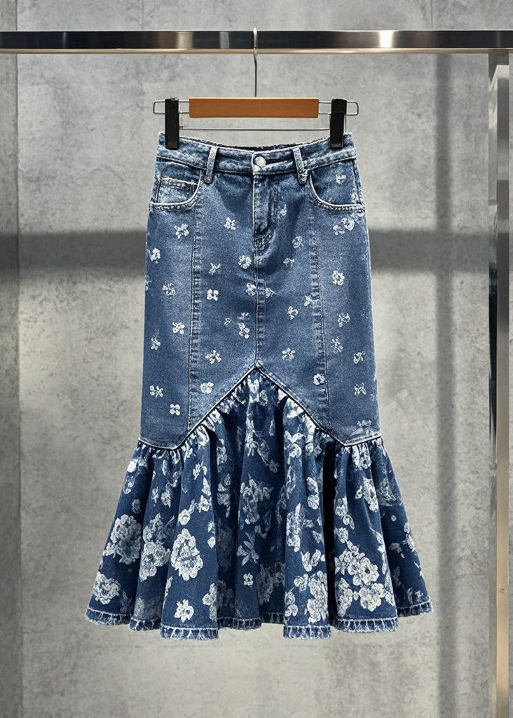 Blue Print Silm Fit Denim Wraped Skirts Fall