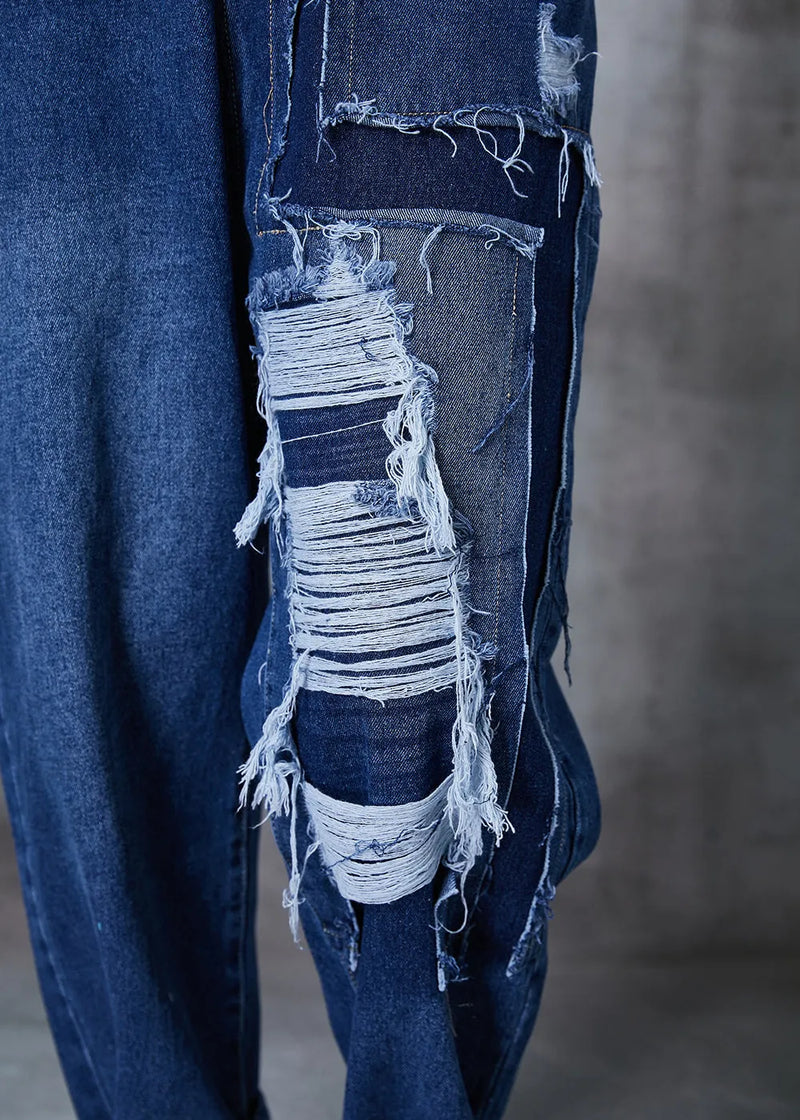 Diy Navy Oversized Patchwork Denim Ripped Jeans Pants Fall