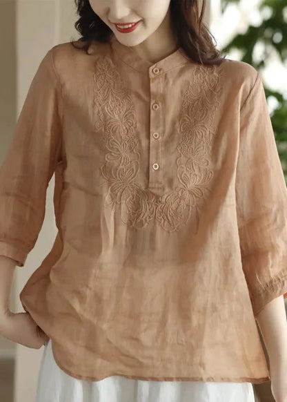 Orange Stand Collar Embroidered Shirt Long Sleeve