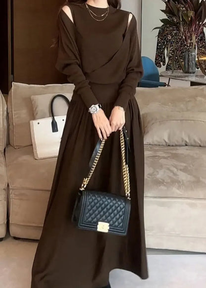 Stylish Brown Asymmetrical Cotton Knit Sweater and Maxi Skirts Two Pieces Set Winter