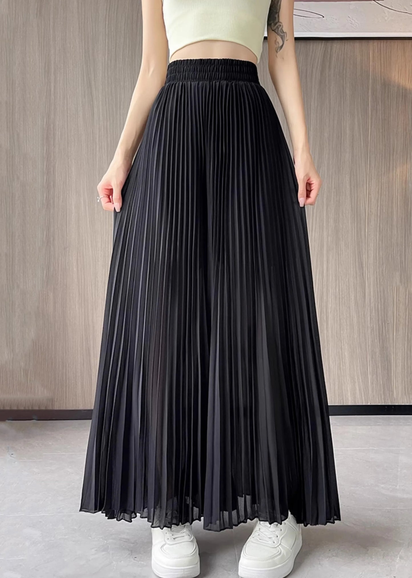 Black Chiffon Summer Wide Leg Pants Elastic Waist