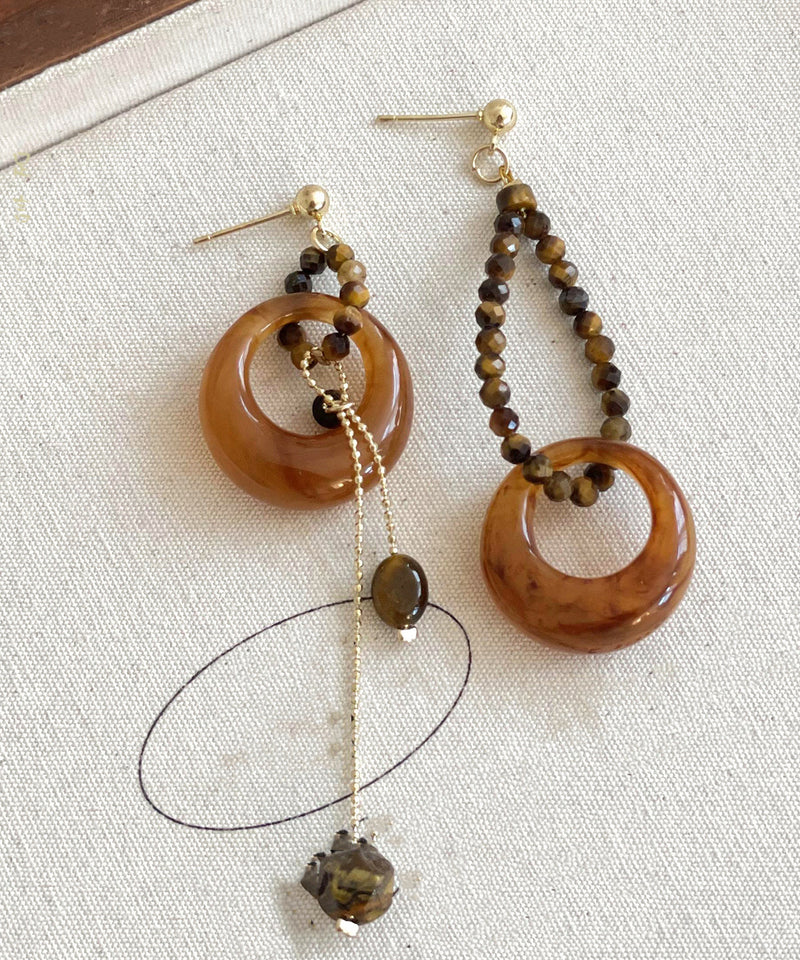 Brown Alloy Gem Stone Petal Tassel Asymmetric Drop Earrings