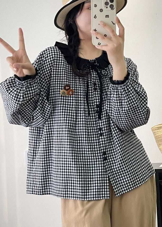 Grey Peter Pan Collar Plaid Linen Shirts Spring