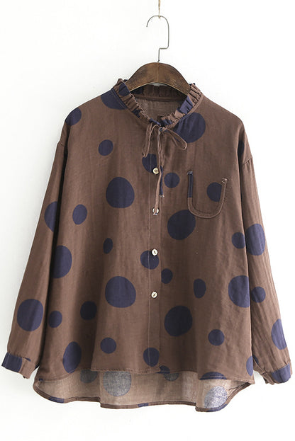 -linen Polka Dot Print Shirt Long-sleeved Loose Top