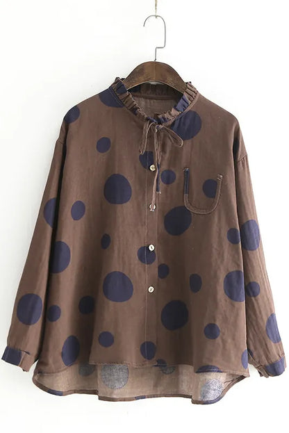 -linen Polka Dot Print Shirt Long-sleeved Loose Top