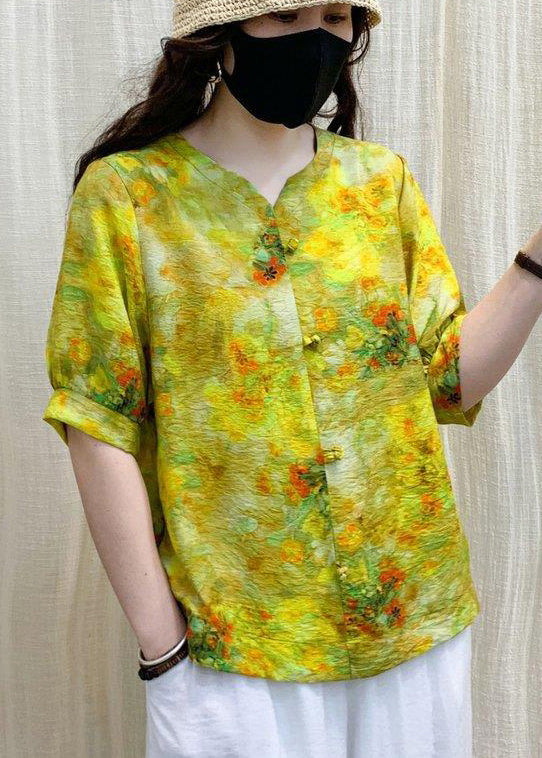 Yellow Print Wrinkled Linen Shirt Top Short Sleeve