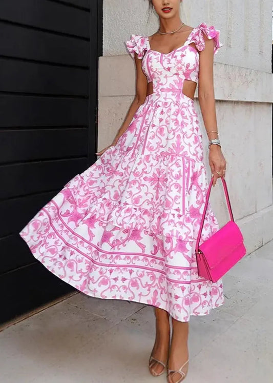 Pink Print Hollow Out Cotton Long Dresses Summer