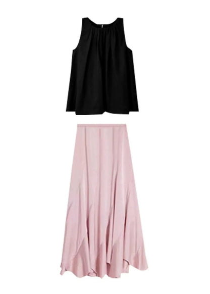 French Asymmetrical Top and Skirts Two Piece Sleeveless Set