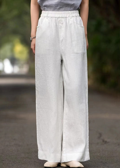 French White Elastic Waist Loose Linen Wide Leg Pants