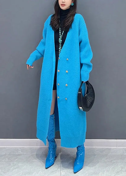 New Blue V Neck Button Patchwork Knit Long Cardigan Fall