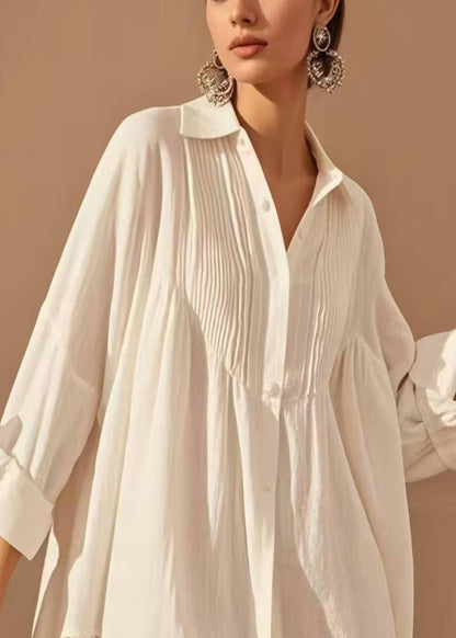 Boutique White Oversized Patchwork Wrinkled Cotton Long Shirt Spring