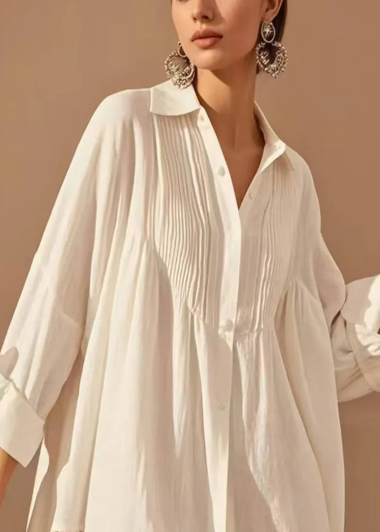 Boutique White Oversized Patchwork Wrinkled Cotton Long Shirt Spring