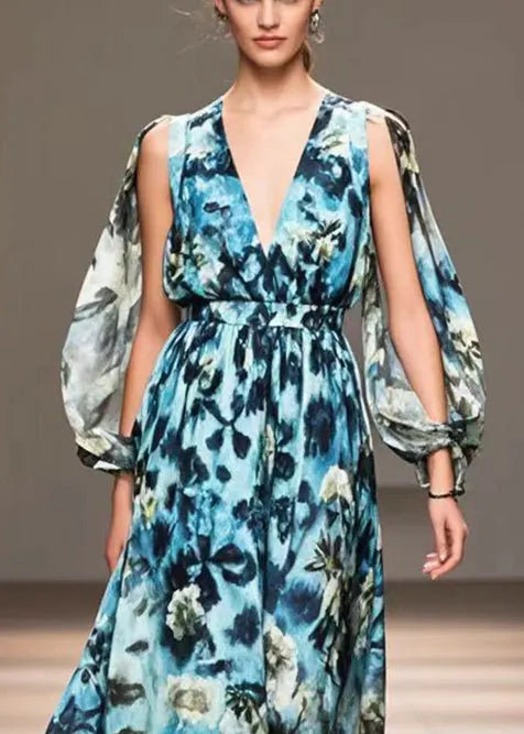 Blue Print Exra Large Hem Chiffon Long Dress Fall