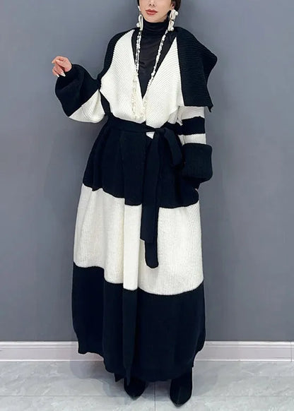Loose White Tie Waist Pockets Patchwork Cotton Knit Long Trench Coat Spring