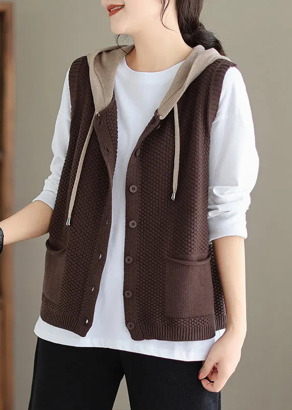 Orange Red Hooded Button Cotton Knit Waistcoat Sleeveless