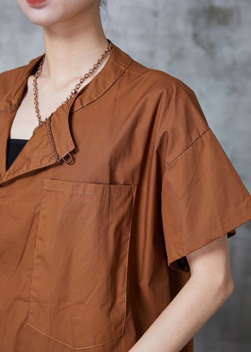 Unique Caramel Asymmetrical Oversized Cotton Shirt Tops Summer