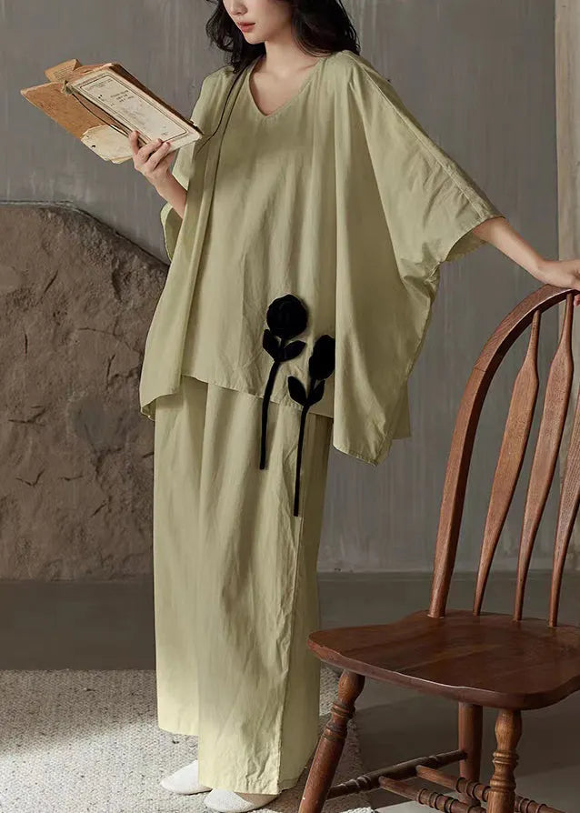 Green T Shirt and Wide Leg Pants Cotton Two Piece Set V Neck Batwing Sleeve