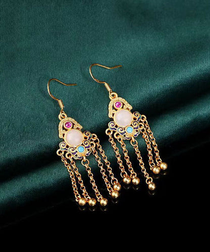 Colorblock Ancient Gold Jade Turquoise Tassel Drop Earrings