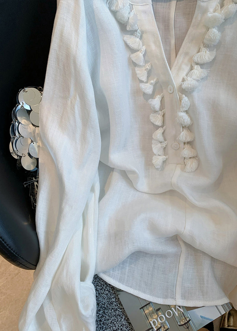 White V Neck Tasseled Linen Shirt Fall