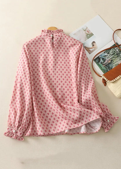 Pink Ruffled Print Cotton Shirts Spring