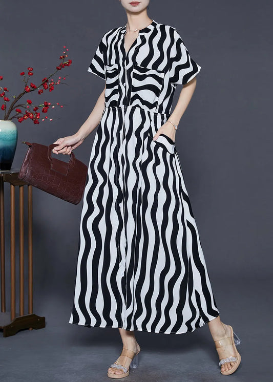 Black V Neck Striped Chiffon Dress Summer