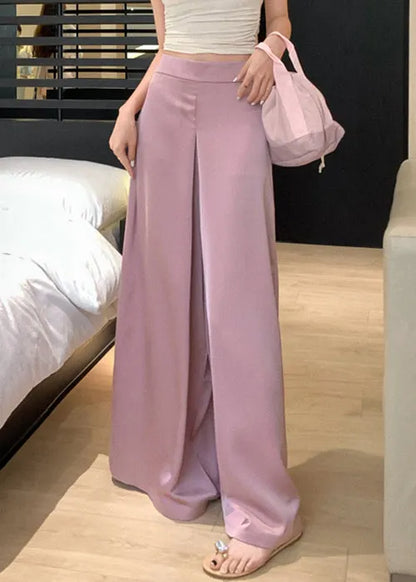 Simple Pink High Waist Silk Wide Leg Pants Summer