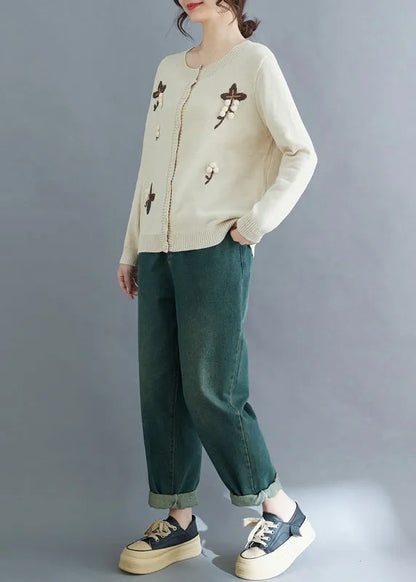 Handmade Beige Embroideried Knit Cardigan Winter