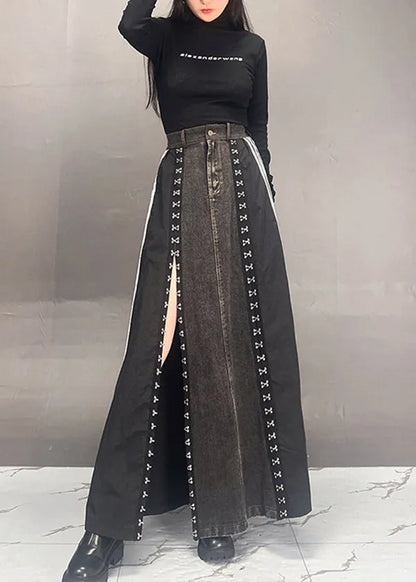 Dark Grey Patchwork Side Open Denim Skirts Fall