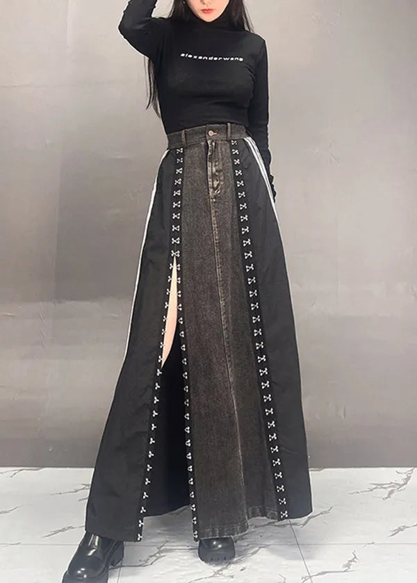 Dark Grey Patchwork Side Open Denim Skirts Fall