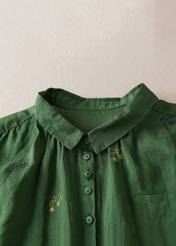 Green Peter Pan Collar Embroidered Patchwork Cotton Shirts Top Summer