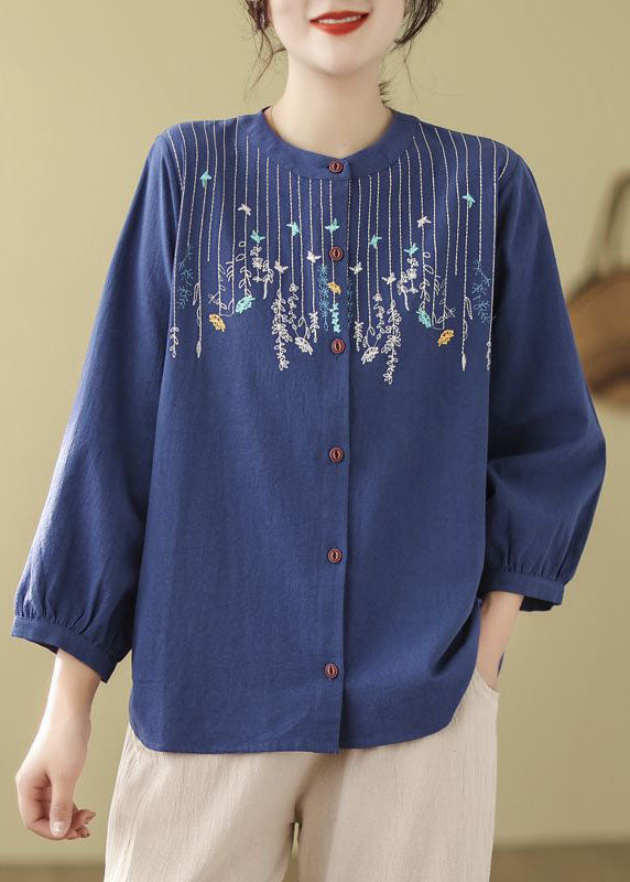 Loose Blue Embroidered Linen Blouses Long Sleeve