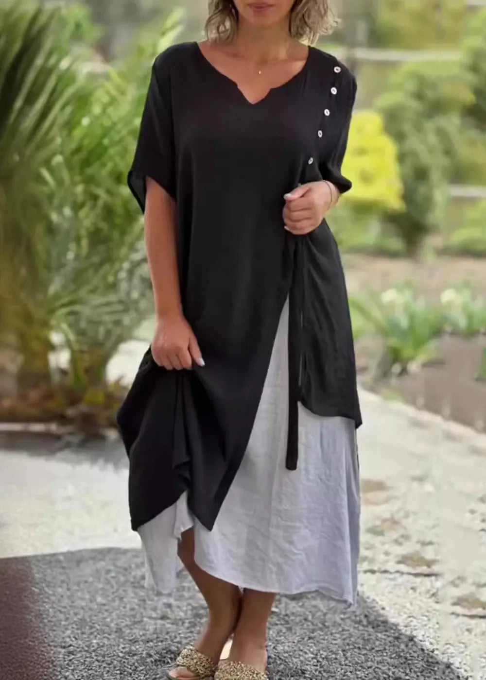 Loose Khaki V Neck False Two Pieces Patchwork Cotton Dress Summer