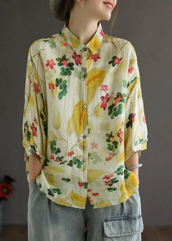 Print Peter Pan Collar Button Summer Linen Top Three Quarter Sleeve