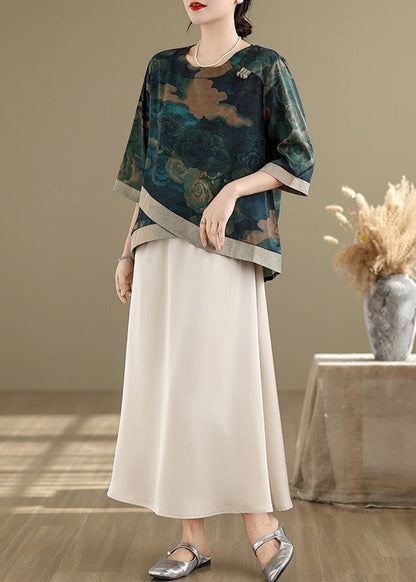Green Asymmetrical Print Silk Blouses Half Sleeve