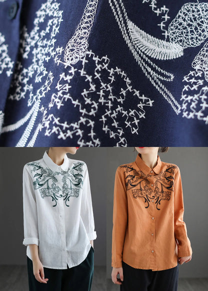 Orange Turn-down Collar Embroidered Cotton Shirt Top Long Sleeve