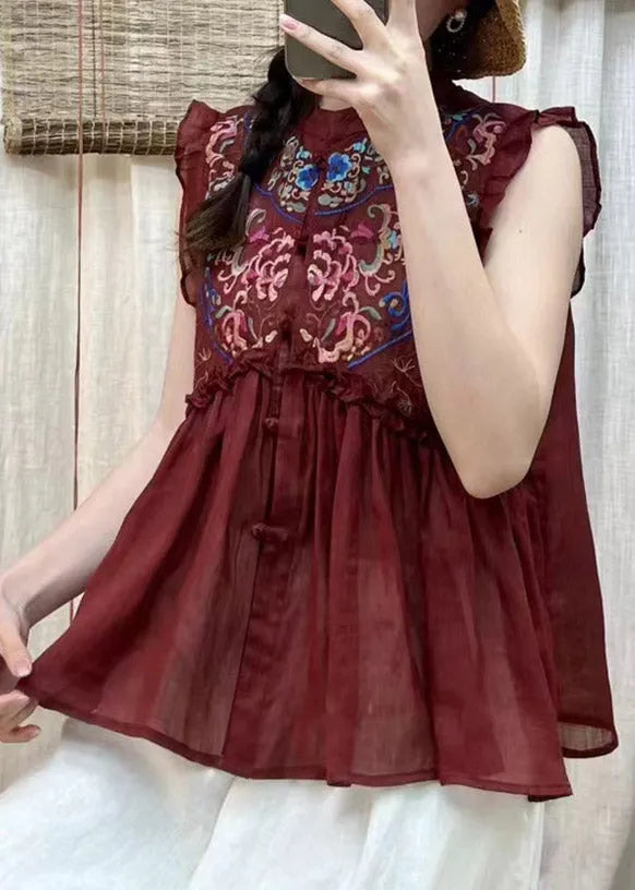 Simple Blue Embroidered Ruffles Button Linen Top Short Sleeve