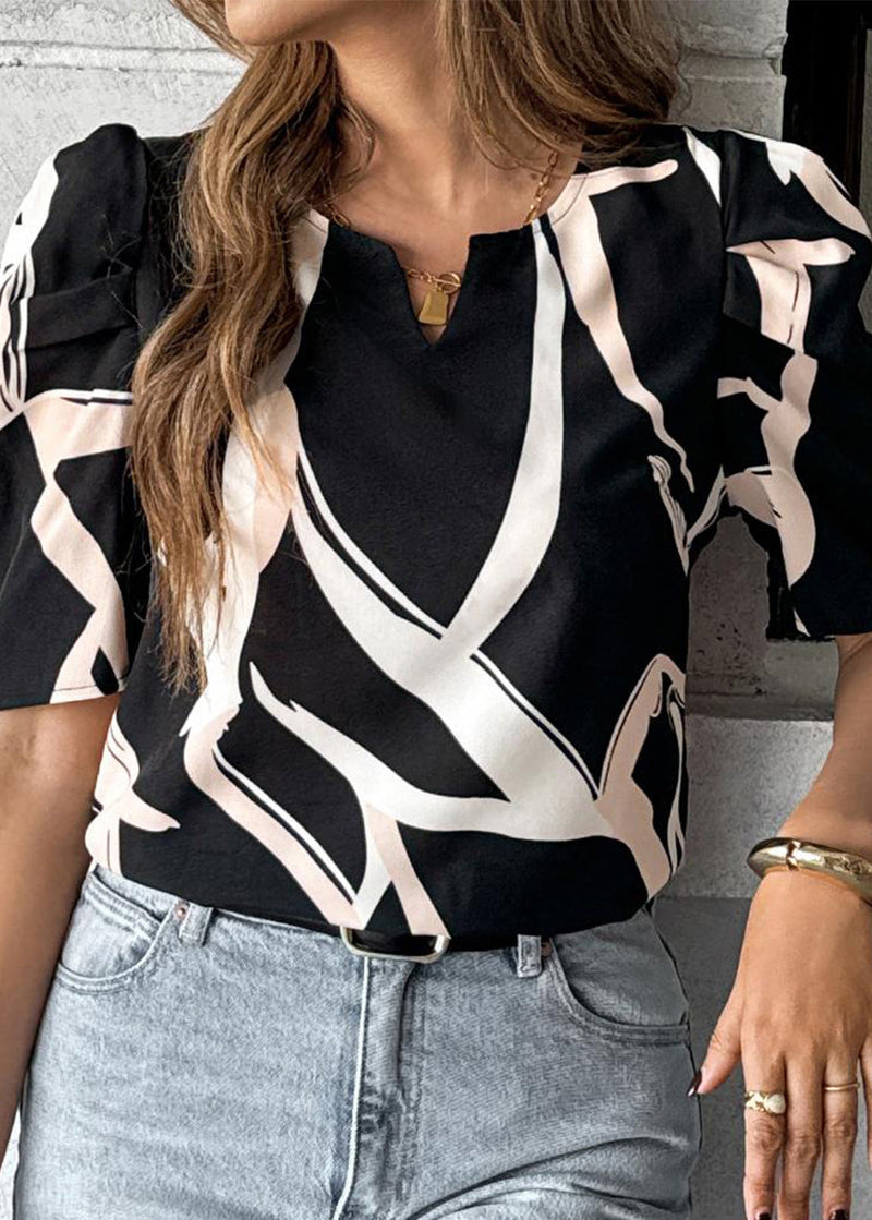Black Apricot O Neck Print Cotton Top Summer