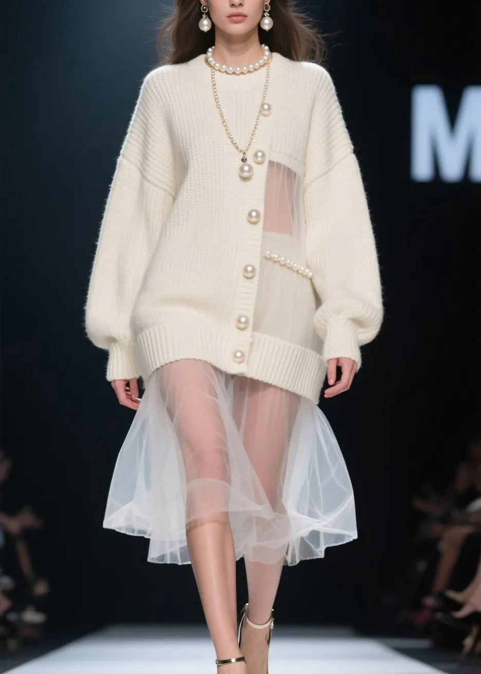 New Beige Nail Bead Tulle Patchwork Knit Sweaters Dress Fall