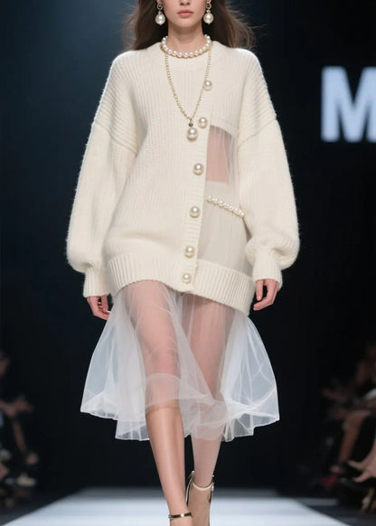 New Beige Nail Bead Tulle Patchwork Knit Sweaters Dress Fall