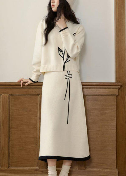 Stylish Beige O Neck Sweaters and Skirts Knit Two Pieces Set Winter