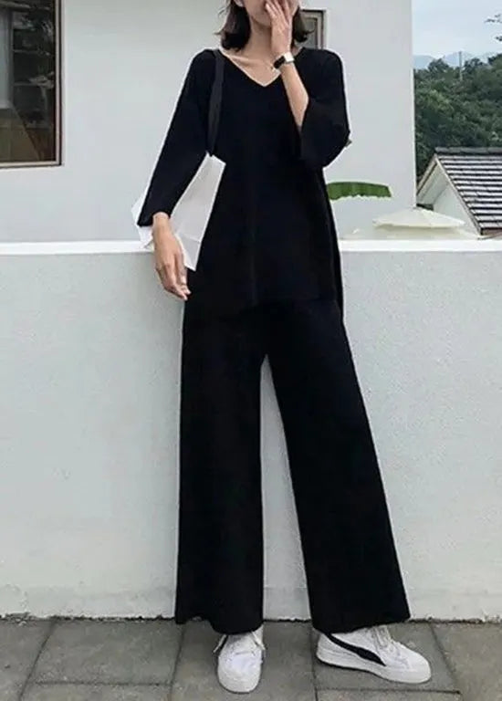 Style Orange V Neck Side Open Knit Two Piece Suit Set Spring