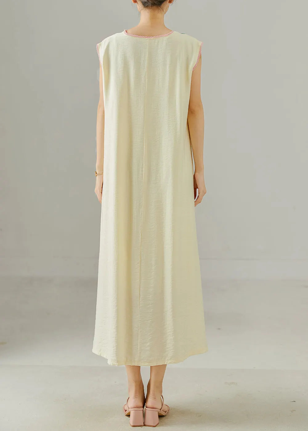 Apricot Embroidered Cotton Long Dress Sleeveless