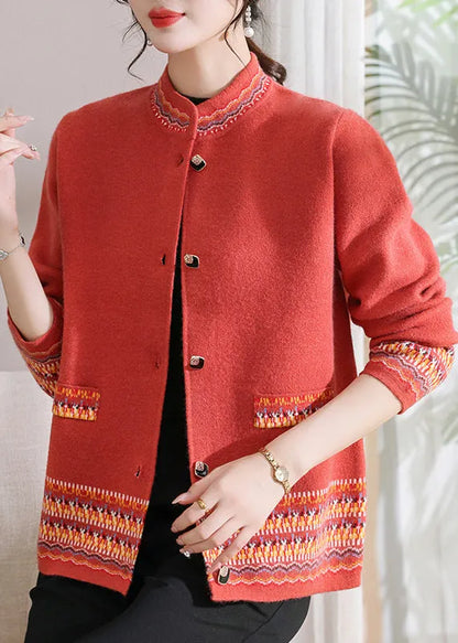 Stylish Blue Stand Collar Print Cotton Knit Cardigans Fall