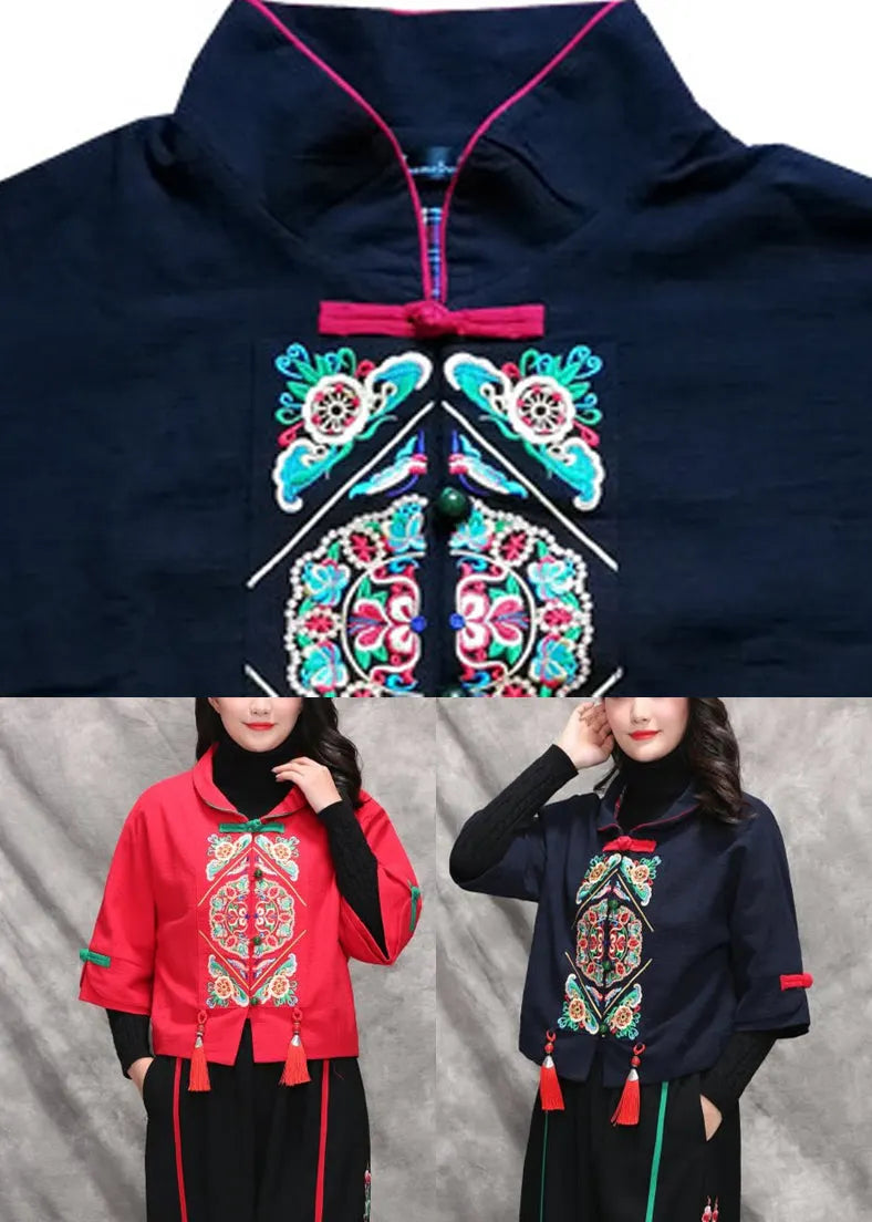 Black Peter Pan Collar Embroidered Coats Long Sleeve