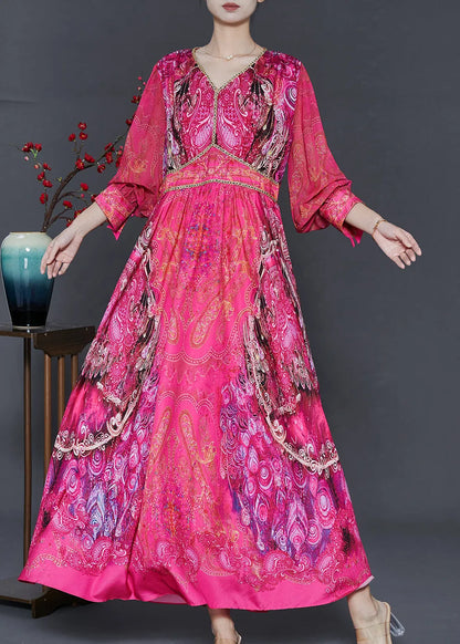 Rose V Neck Print Chiffon Style Dress Fall