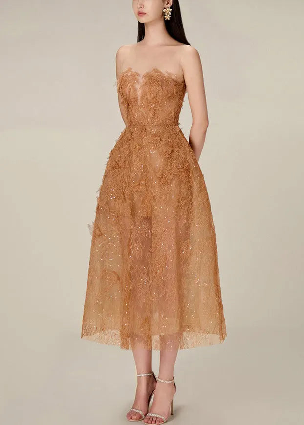 Caramel Lace Sequins Tulle Long Dress Strapless Summer