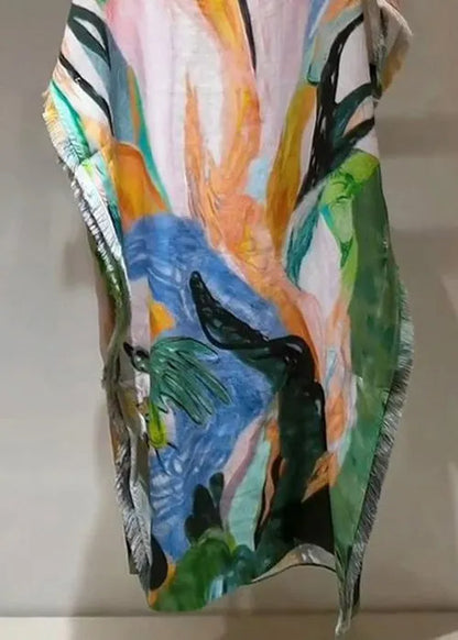 Stylish V Neck Tie Dye Oversized Cotton Long Dresses Batwing Sleeve