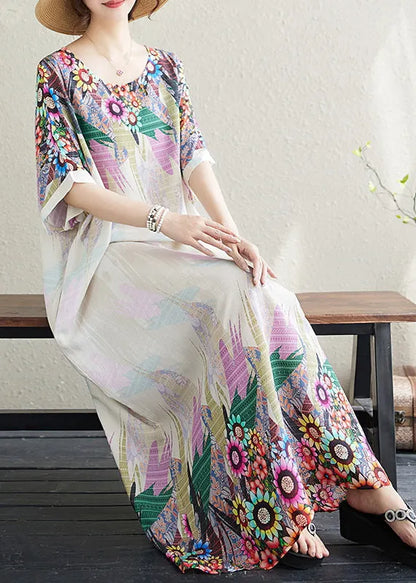 Fitted White Oversized Print Cotton Sundress Batwing Sleeve