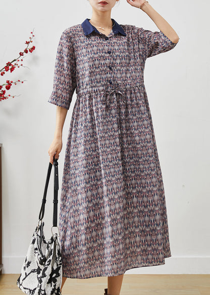 Cinched Print Cotton Long Dress Half Sleeve