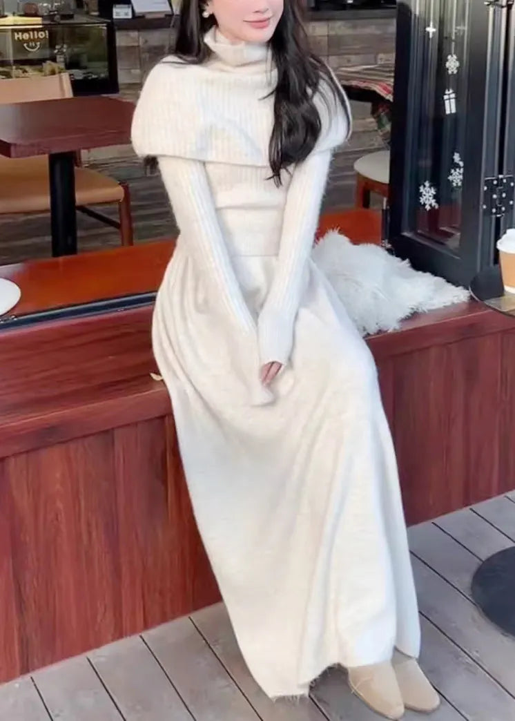 Simple Wine Red Turtleneck Cape Sweaters and Skirts Knit Three Pieces Set Winter
